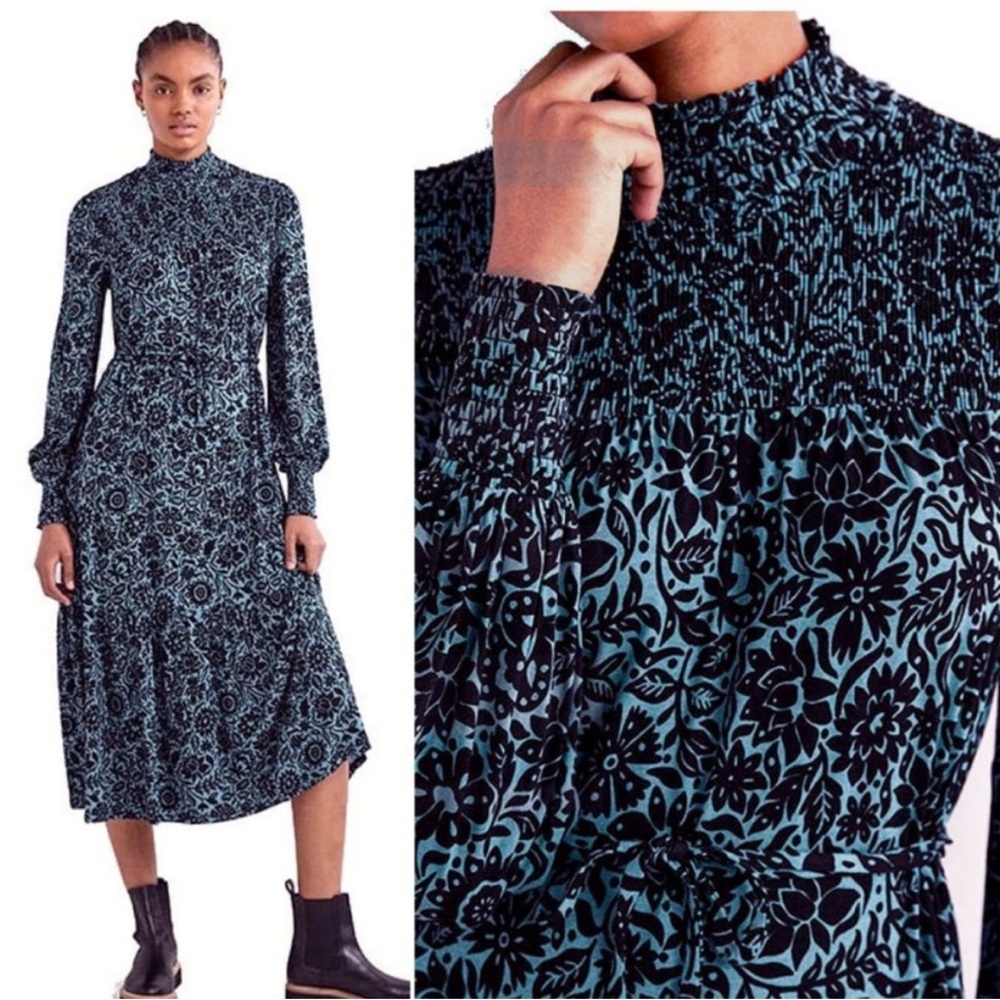 Boden smocked high-neck jersey dress, blue floral, size 10 US